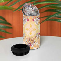 Hawaii Peach Palaka 4 in 1 Can Cooler Tumbler With Tapa Pattern Tropical Flowers - Polynesian Pride