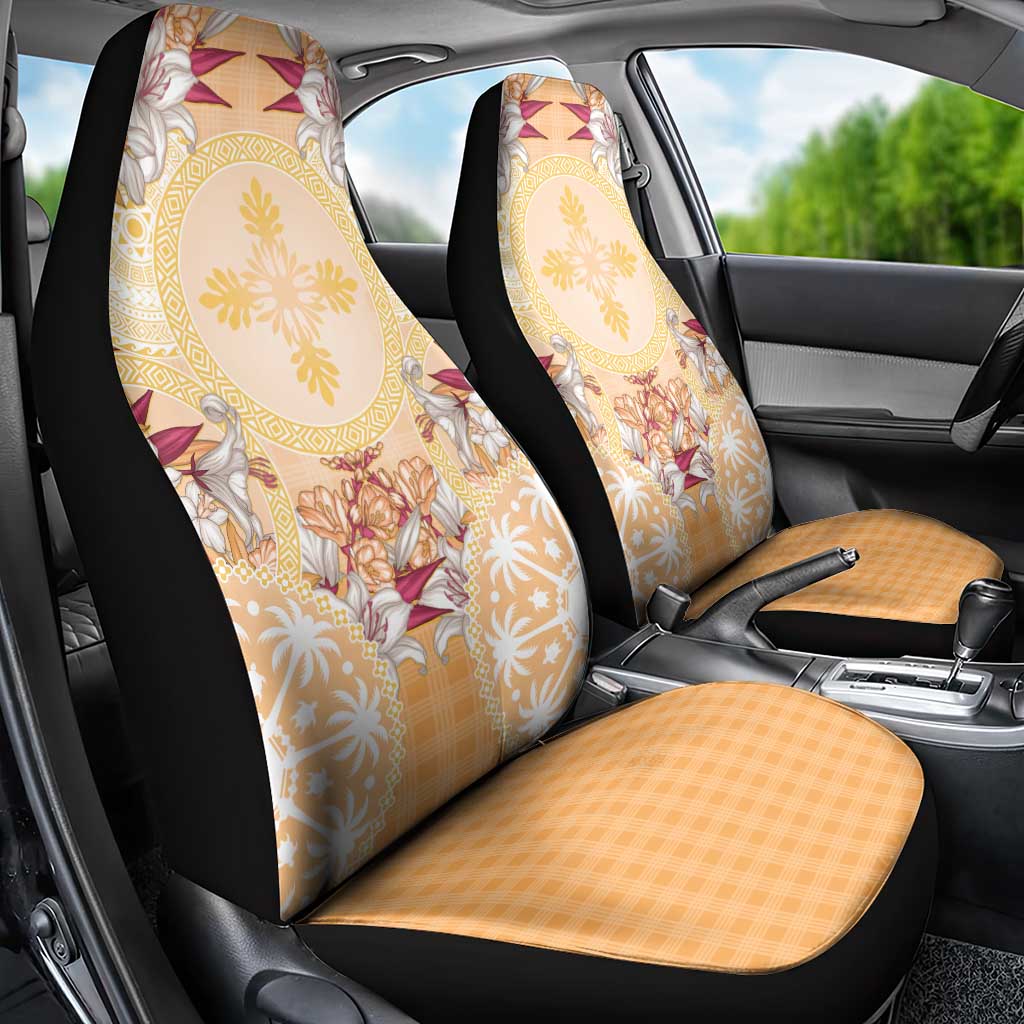 Hawaii Peach Palaka Car Seat Cover With Tapa Pattern Tropical Flowers - Polynesian Pride