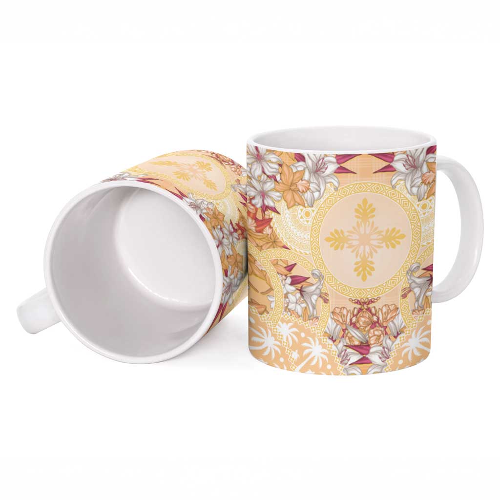 Hawaii Peach Palaka Ceramic Mug With Tapa Pattern Tropical Flowers - Polynesian Pride