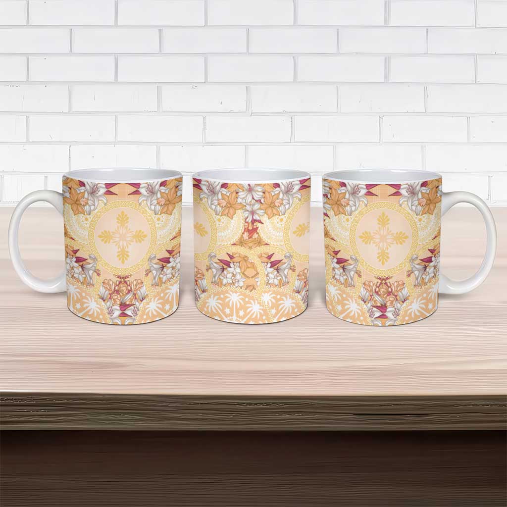 Hawaii Peach Palaka Ceramic Mug With Tapa Pattern Tropical Flowers - Polynesian Pride