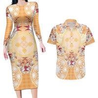 Hawaii Peach Palaka Couples Matching Long Sleeve Bodycon Dress and Hawaiian Shirt With Tapa Pattern Tropical Flowers - Polynesian Pride