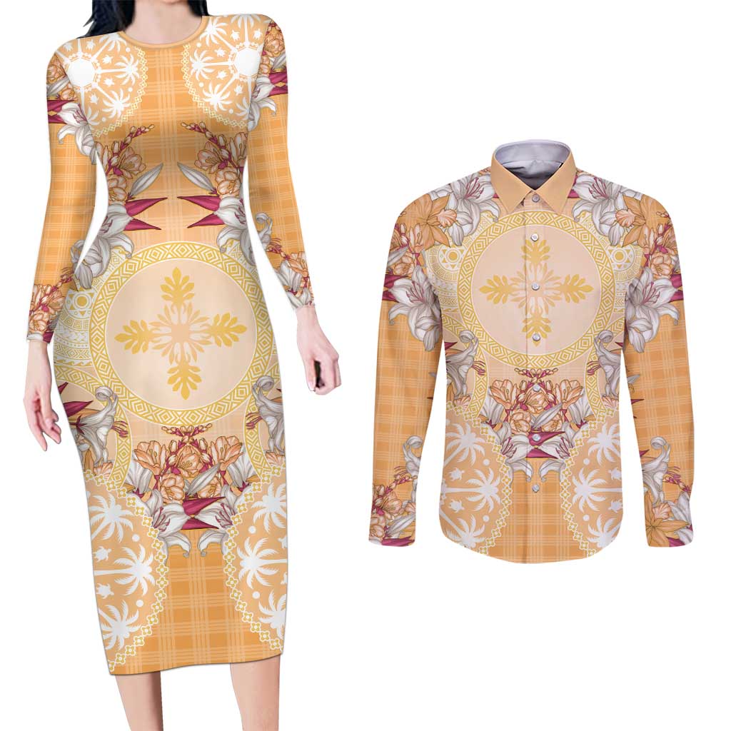 Hawaii Peach Palaka Couples Matching Long Sleeve Bodycon Dress and Long Sleeve Button Shirt With Tapa Pattern Tropical Flowers - Polynesian Pride