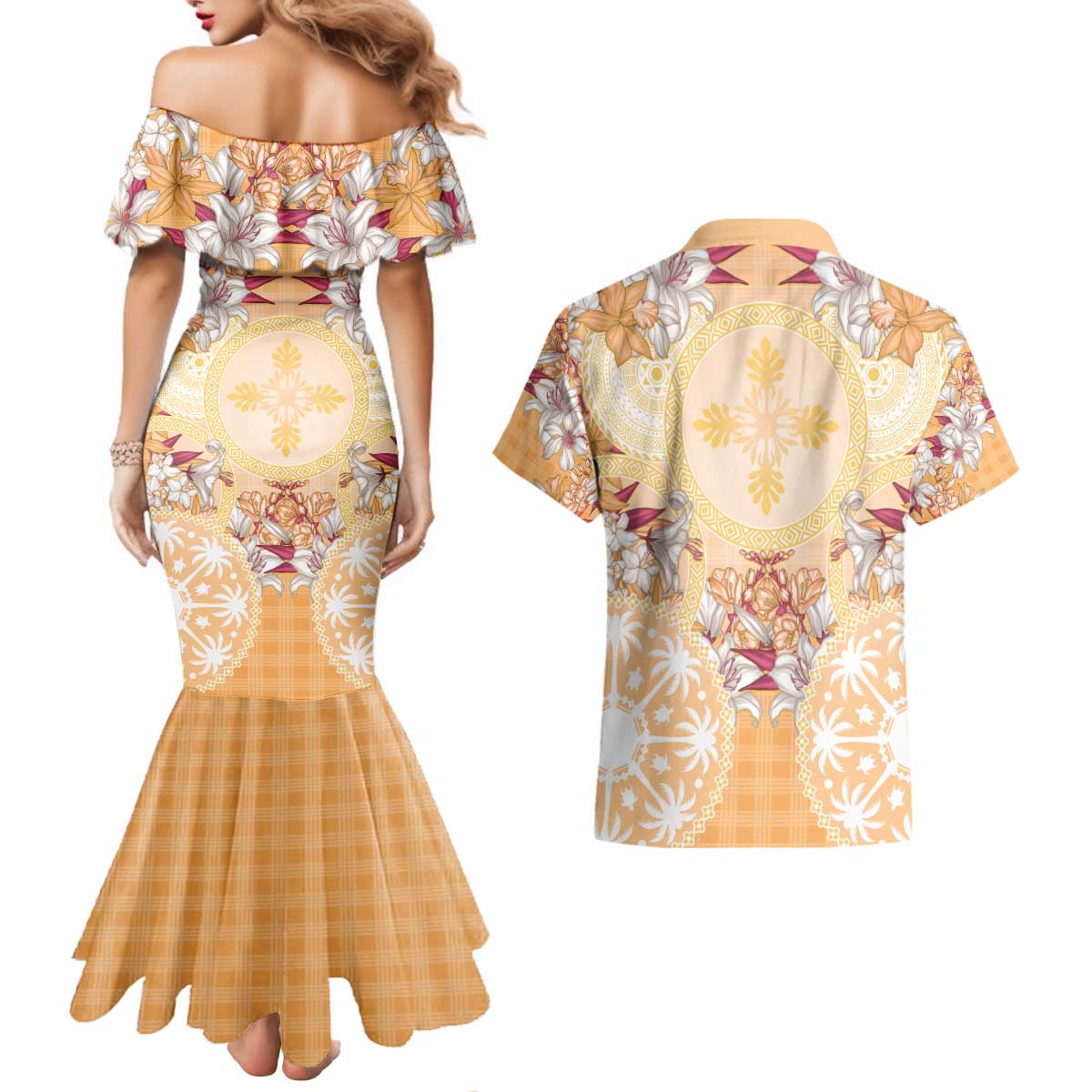 Hawaii Peach Palaka Couples Matching Mermaid Dress and Hawaiian Shirt With Tapa Pattern Tropical Flowers - Polynesian Pride
