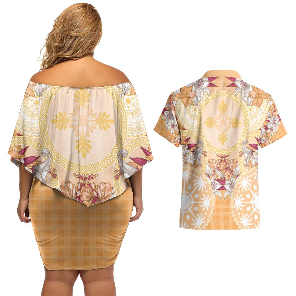 Hawaii Peach Palaka Couples Matching Off Shoulder Short Dress and Hawaiian Shirt With Tapa Pattern Tropical Flowers - Polynesian Pride