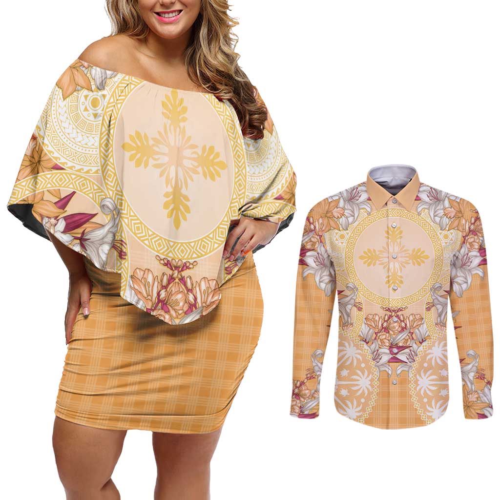 Hawaii Peach Palaka Couples Matching Off Shoulder Short Dress and Long Sleeve Button Shirt With Tapa Pattern Tropical Flowers - Polynesian Pride