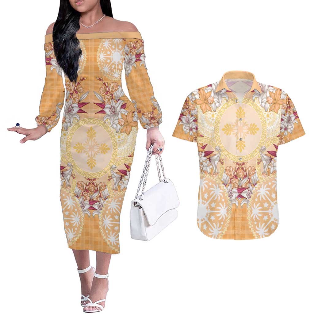 Hawaii Peach Palaka Couples Matching Off The Shoulder Long Sleeve Dress and Hawaiian Shirt With Tapa Pattern Tropical Flowers - Polynesian Pride