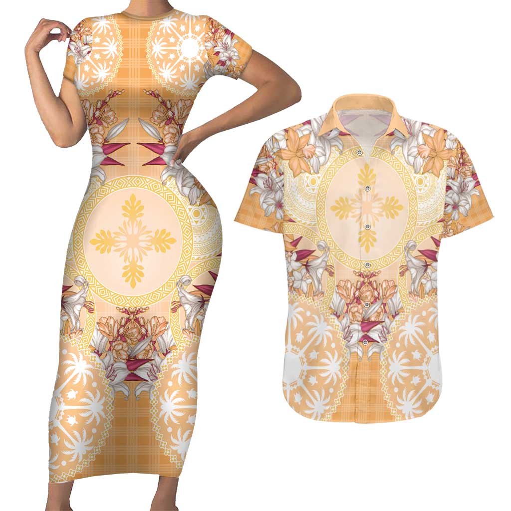 Hawaii Peach Palaka Couples Matching Short Sleeve Bodycon Dress and Hawaiian Shirt With Tapa Pattern Tropical Flowers - Polynesian Pride