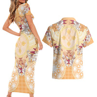 Hawaii Peach Palaka Couples Matching Short Sleeve Bodycon Dress and Hawaiian Shirt With Tapa Pattern Tropical Flowers - Polynesian Pride