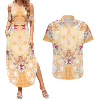 Hawaii Peach Palaka Couples Matching Summer Maxi Dress and Hawaiian Shirt With Tapa Pattern Tropical Flowers - Polynesian Pride