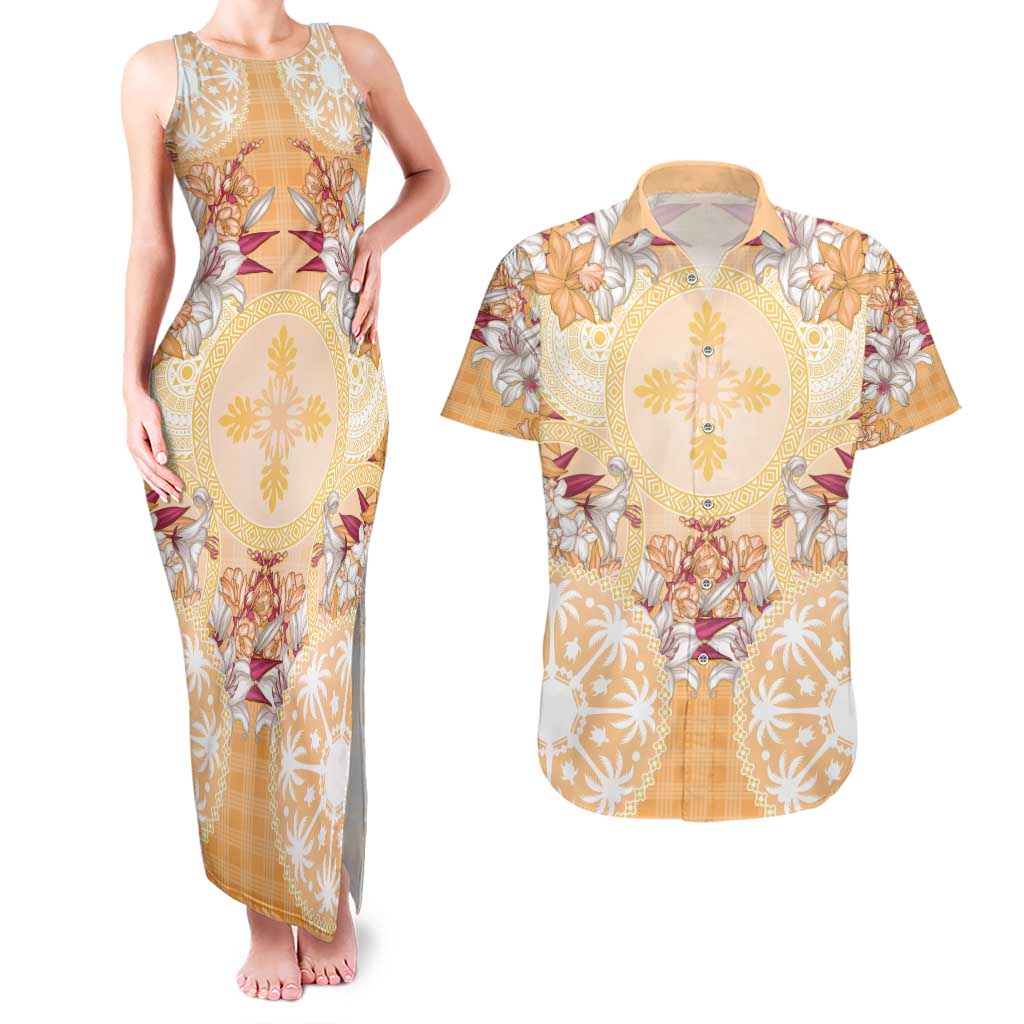 Hawaii Peach Palaka Couples Matching Tank Maxi Dress and Hawaiian Shirt With Tapa Pattern Tropical Flowers - Polynesian Pride