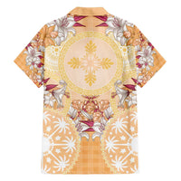 Hawaii Peach Palaka Family Matching Long Sleeve Bodycon Dress and Hawaiian Shirt With Tapa Pattern Tropical Flowers - Polynesian Pride