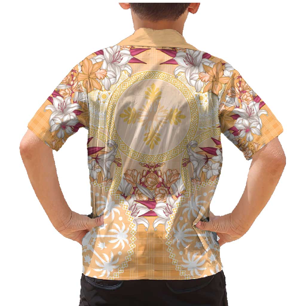 Hawaii Peach Palaka Family Matching Mermaid Dress and Hawaiian Shirt With Tapa Pattern Tropical Flowers - Polynesian Pride