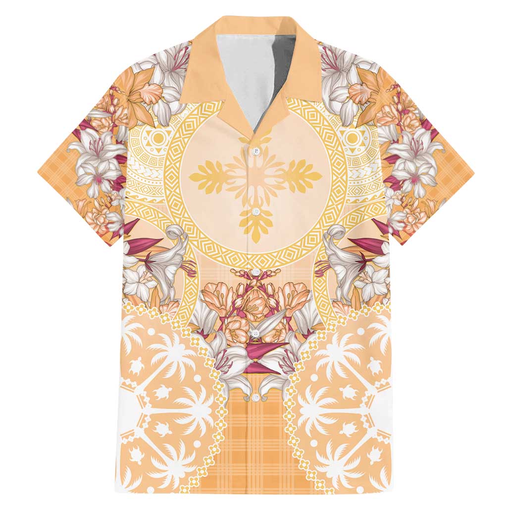 Hawaii Peach Palaka Family Matching Mermaid Dress and Hawaiian Shirt With Tapa Pattern Tropical Flowers - Polynesian Pride