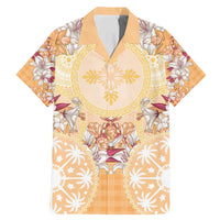 Hawaii Peach Palaka Family Matching Mermaid Dress and Hawaiian Shirt With Tapa Pattern Tropical Flowers - Polynesian Pride