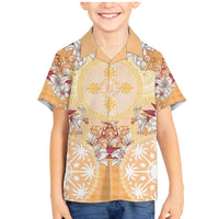 Hawaii Peach Palaka Family Matching Mermaid Dress and Hawaiian Shirt With Tapa Pattern Tropical Flowers - Polynesian Pride