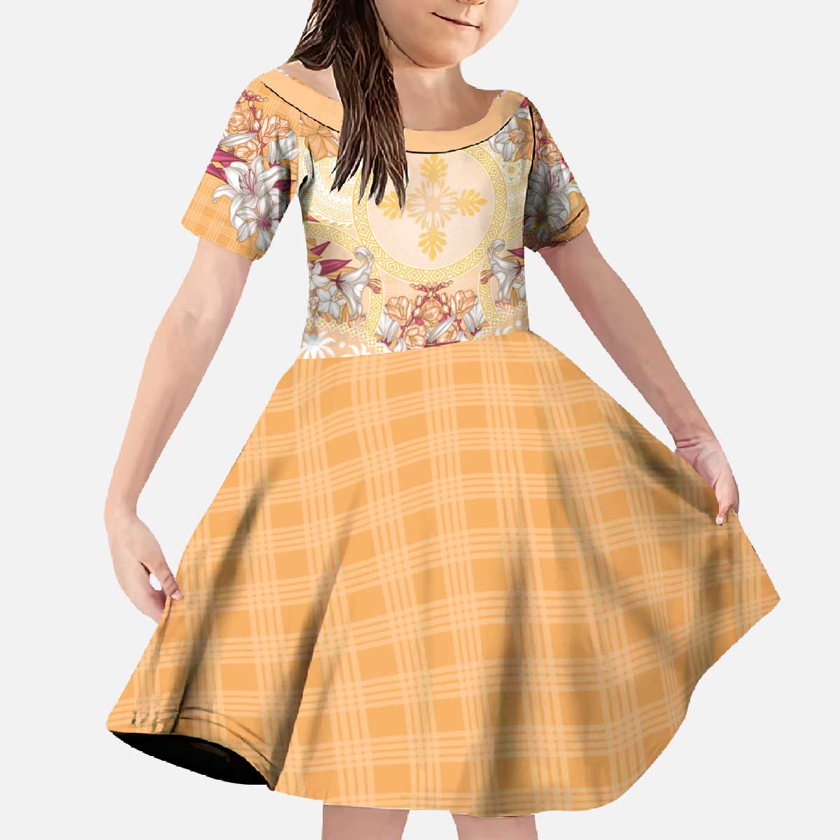 Hawaii Peach Palaka Family Matching Off The Shoulder Long Sleeve Dress and Hawaiian Shirt With Tapa Pattern Tropical Flowers - Polynesian Pride