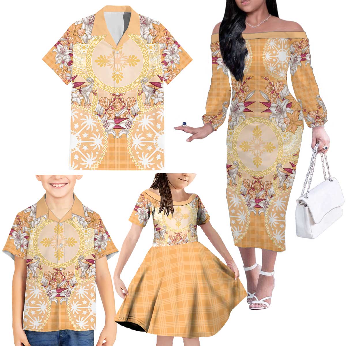 Hawaii Peach Palaka Family Matching Off The Shoulder Long Sleeve Dress and Hawaiian Shirt With Tapa Pattern Tropical Flowers - Polynesian Pride