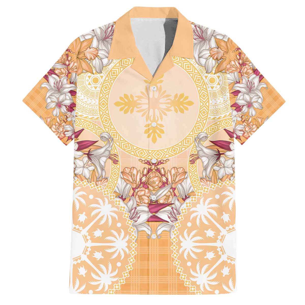 Hawaii Peach Palaka Family Matching Off The Shoulder Long Sleeve Dress and Hawaiian Shirt With Tapa Pattern Tropical Flowers - Polynesian Pride