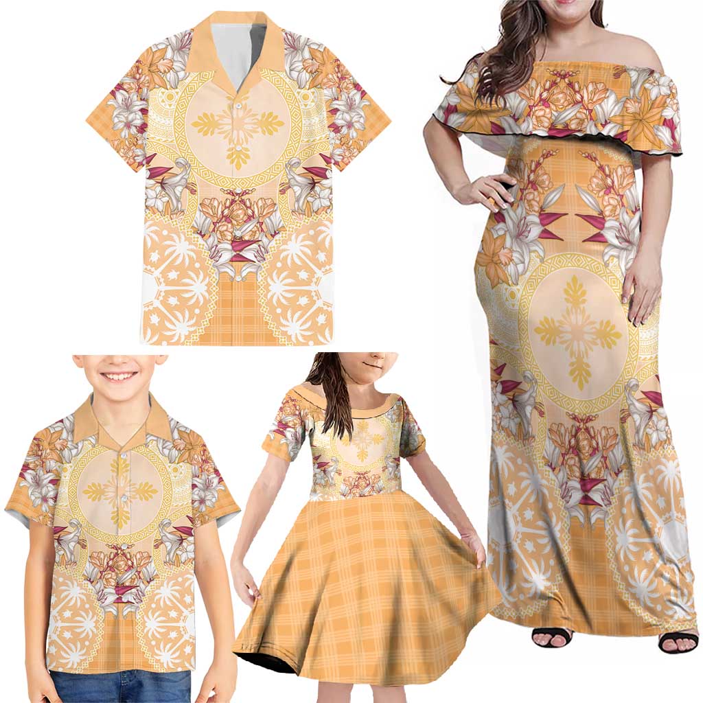 Hawaii Peach Palaka Family Matching Off Shoulder Maxi Dress and Hawaiian Shirt With Tapa Pattern Tropical Flowers LT05 - Polynesian Pride