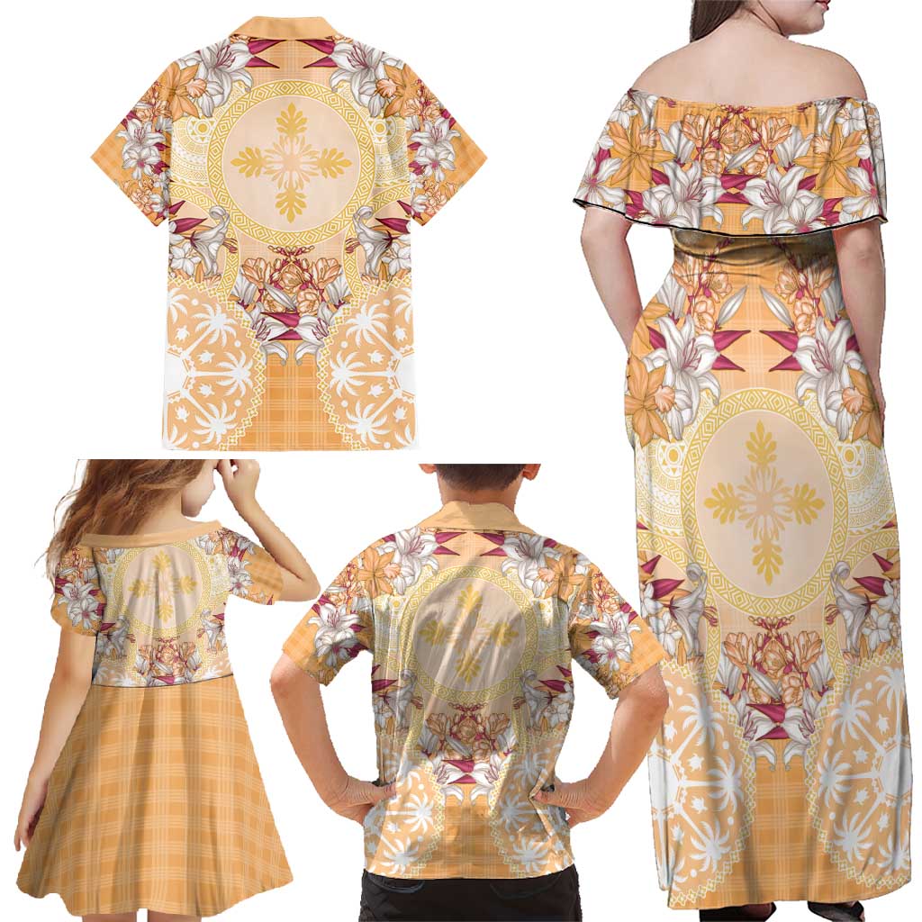 Hawaii Peach Palaka Family Matching Off Shoulder Maxi Dress and Hawaiian Shirt With Tapa Pattern Tropical Flowers LT05 - Polynesian Pride