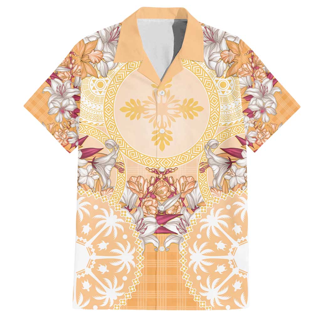 Hawaii Peach Palaka Family Matching Off Shoulder Maxi Dress and Hawaiian Shirt With Tapa Pattern Tropical Flowers LT05 Dad's Shirt - Short Sleeve Peach - Polynesian Pride