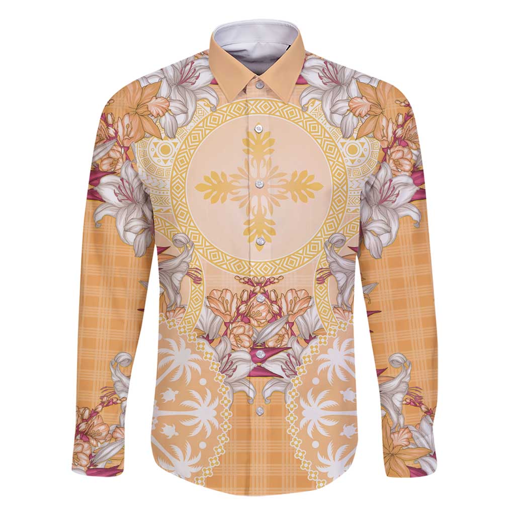 Hawaii Peach Palaka Family Matching Off Shoulder Maxi Dress and Hawaiian Shirt With Tapa Pattern Tropical Flowers LT05 Dad's Shirt - Long Sleeve Peach - Polynesian Pride