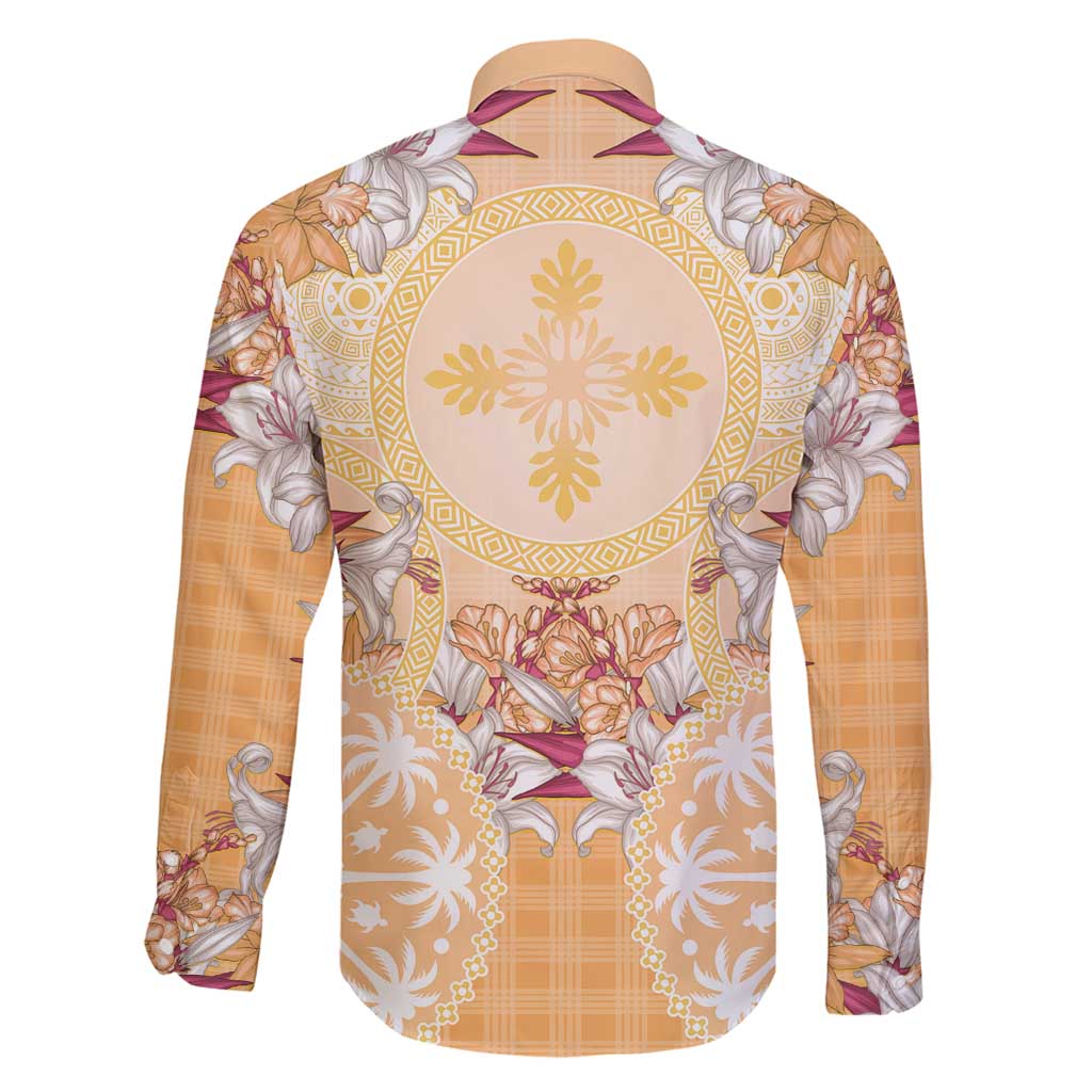 Hawaii Peach Palaka Family Matching Off Shoulder Maxi Dress and Hawaiian Shirt With Tapa Pattern Tropical Flowers LT05 - Polynesian Pride