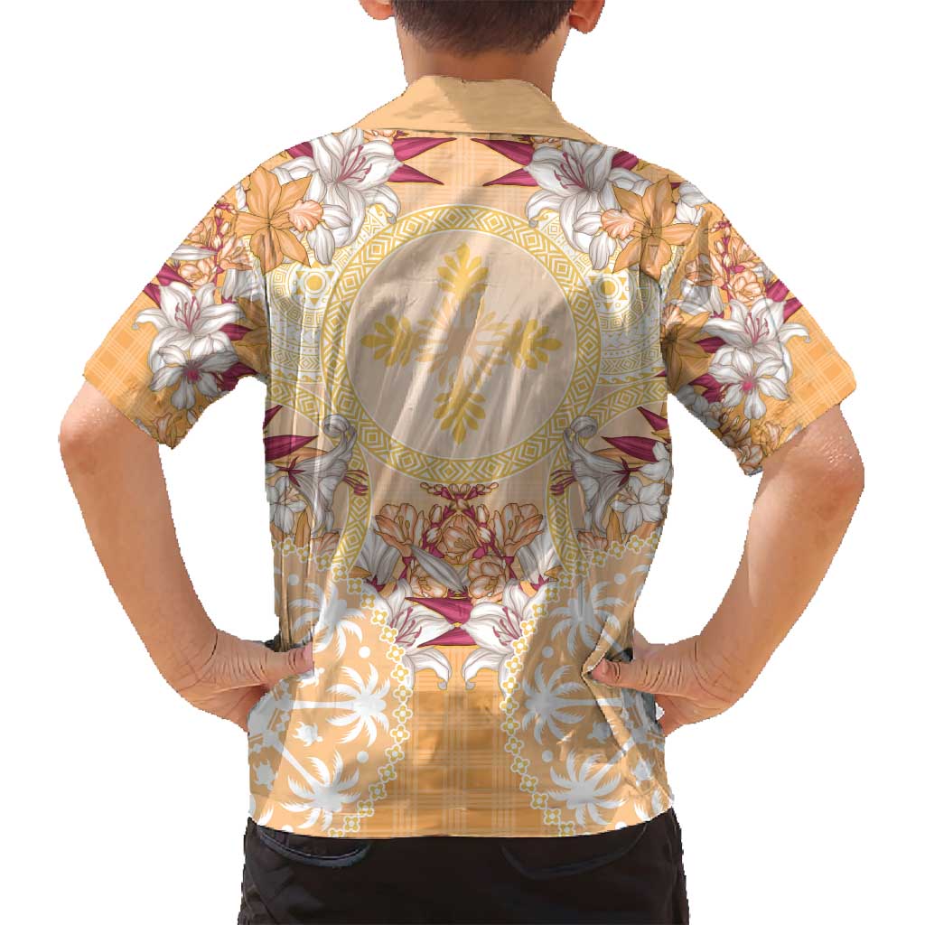 Hawaii Peach Palaka Family Matching Off Shoulder Short Dress and Hawaiian Shirt With Tapa Pattern Tropical Flowers LT05 - Polynesian Pride
