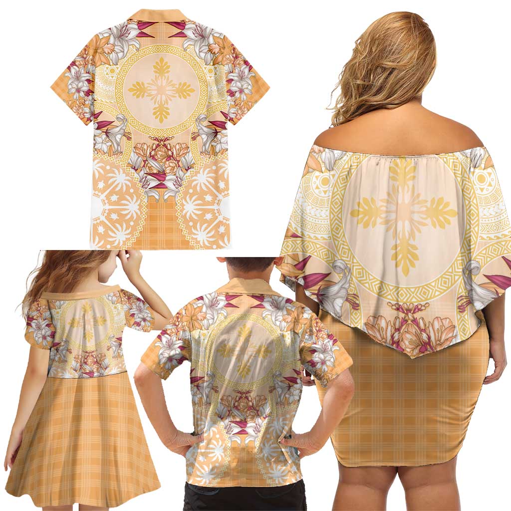 Hawaii Peach Palaka Family Matching Off Shoulder Short Dress and Hawaiian Shirt With Tapa Pattern Tropical Flowers LT05 - Polynesian Pride