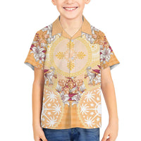 Hawaii Peach Palaka Family Matching Off Shoulder Short Dress and Hawaiian Shirt With Tapa Pattern Tropical Flowers LT05 Son's Shirt Peach - Polynesian Pride