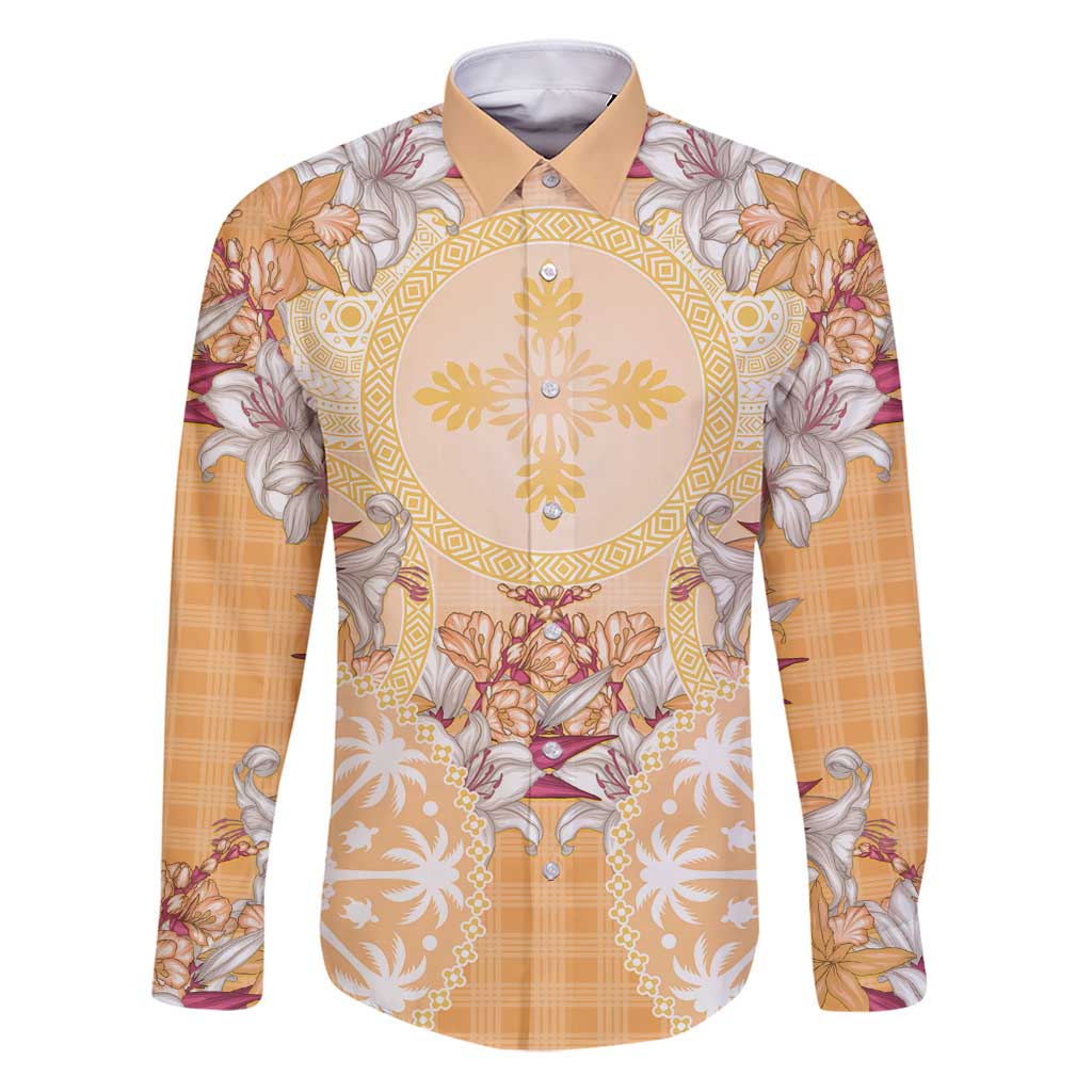 Hawaii Peach Palaka Family Matching Puletasi and Hawaiian Shirt With Tapa Pattern Tropical Flowers LT05 Dad's Shirt - Long Sleeve Peach - Polynesian Pride