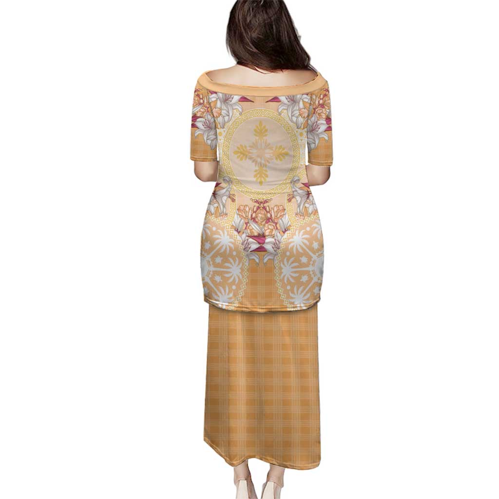 Hawaii Peach Palaka Family Matching Puletasi and Hawaiian Shirt With Tapa Pattern Tropical Flowers LT05 - Polynesian Pride