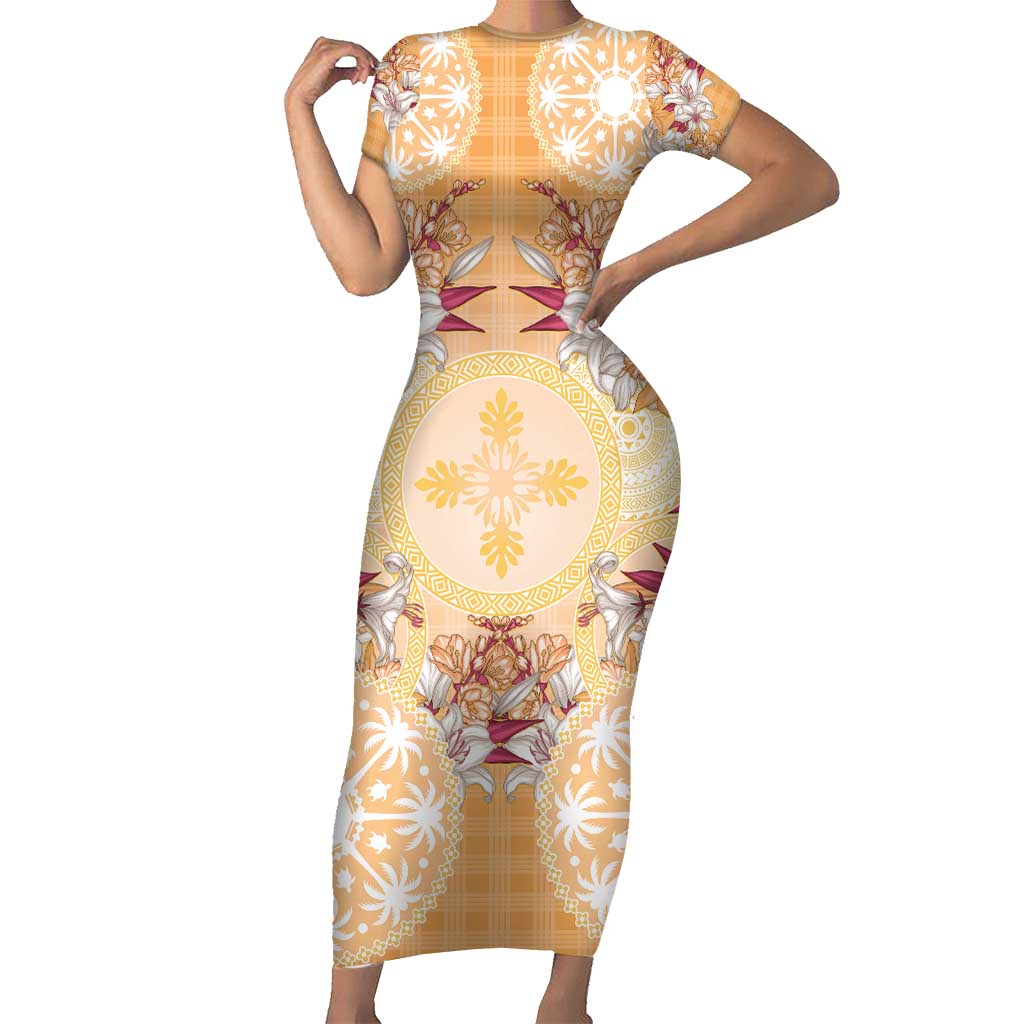 Hawaii Peach Palaka Family Matching Short Sleeve Bodycon Dress and Hawaiian Shirt With Tapa Pattern Tropical Flowers - Polynesian Pride