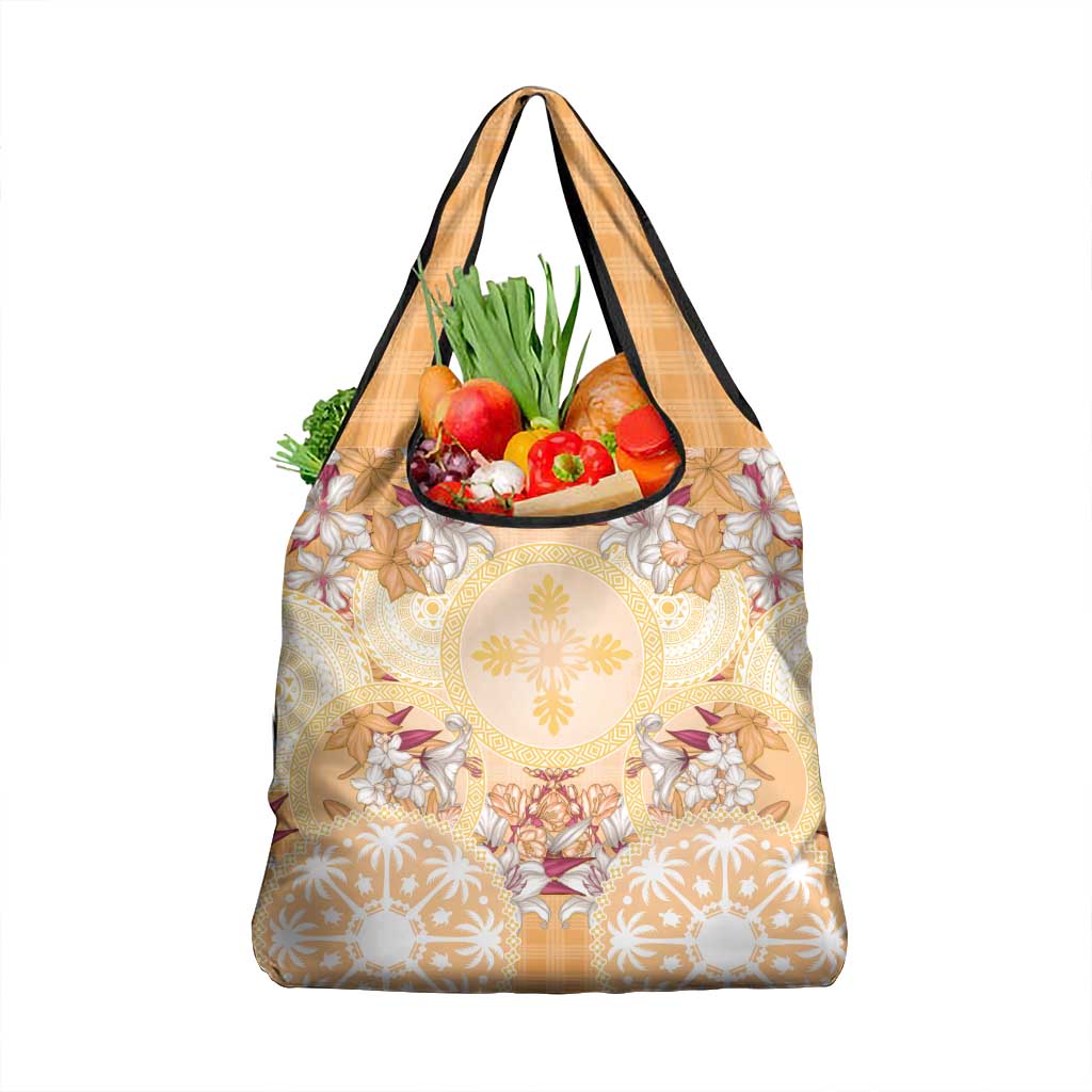 Hawaii Peach Palaka Grocery Bag With Tapa Pattern Tropical Flowers - Polynesian Pride