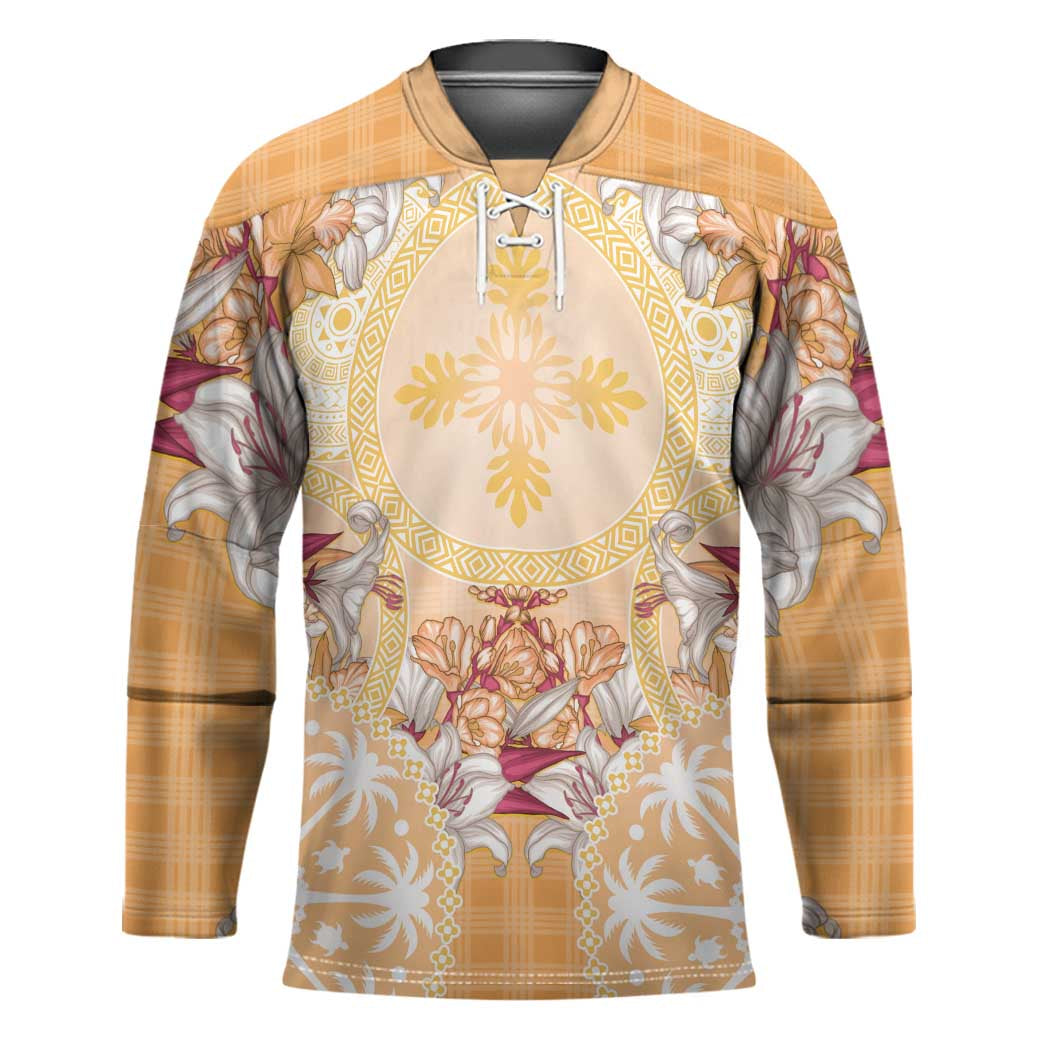 Hawaii Peach Palaka Hockey Jersey With Tapa Pattern Tropical Flowers LT05 Unisex Peach - Polynesian Pride