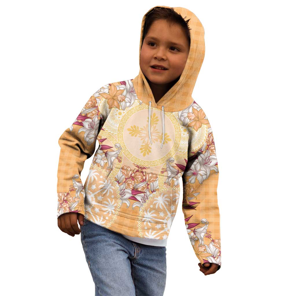 Hawaii Peach Palaka Kid Hoodie With Tapa Pattern Tropical Flowers - Polynesian Pride