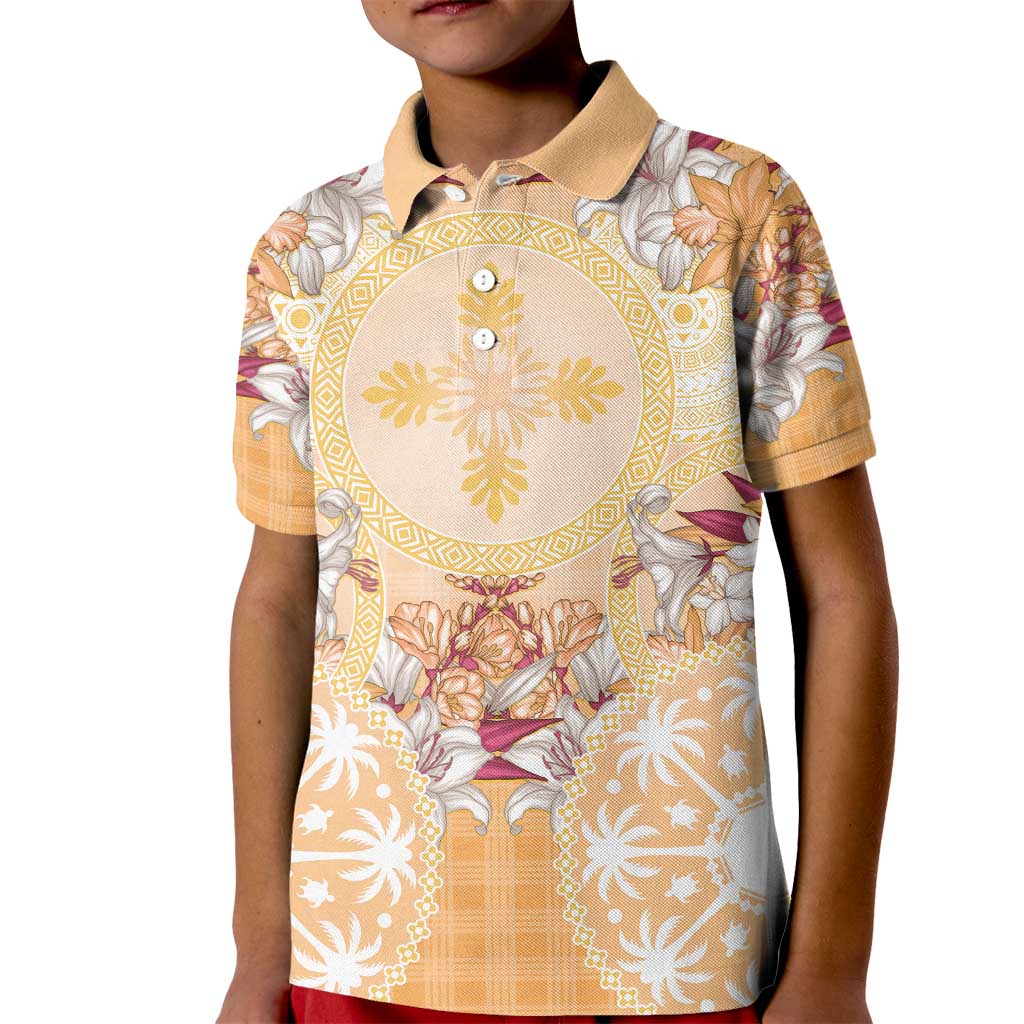 Hawaii Peach Palaka Kid Polo Shirt With Tapa Pattern Tropical Flowers - Polynesian Pride