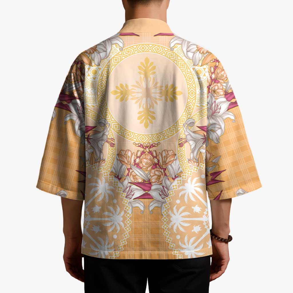 Hawaii Peach Palaka Kimono With Tapa Pattern Tropical Flowers LT05 - Polynesian Pride