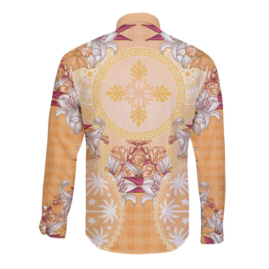 Hawaii Peach Palaka Long Sleeve Button Shirt With Tapa Pattern Tropical Flowers LT05 - Polynesian Pride