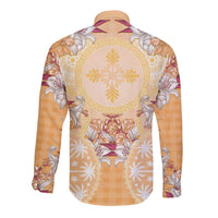 Hawaii Peach Palaka Long Sleeve Button Shirt With Tapa Pattern Tropical Flowers LT05 - Polynesian Pride