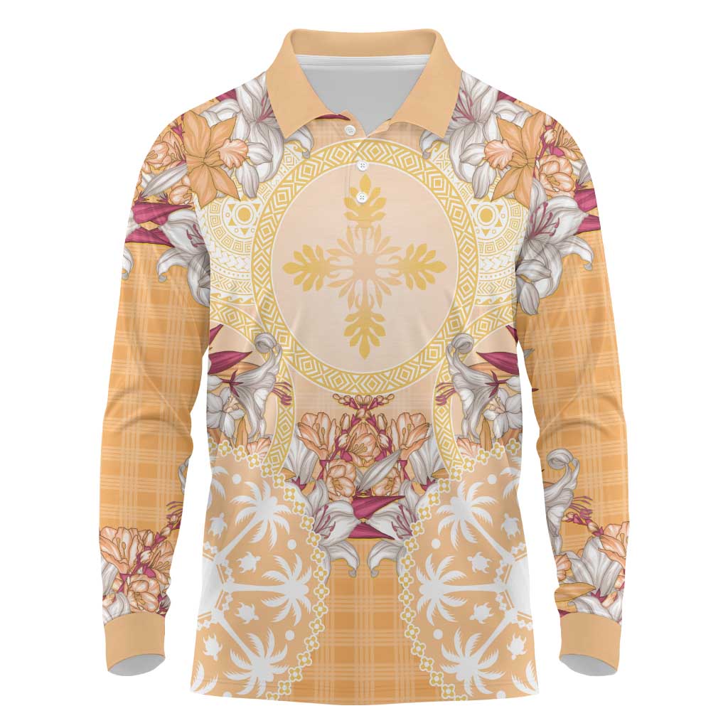 Hawaii Peach Palaka Long Sleeve Polo Shirt With Tapa Pattern Tropical Flowers - Polynesian Pride