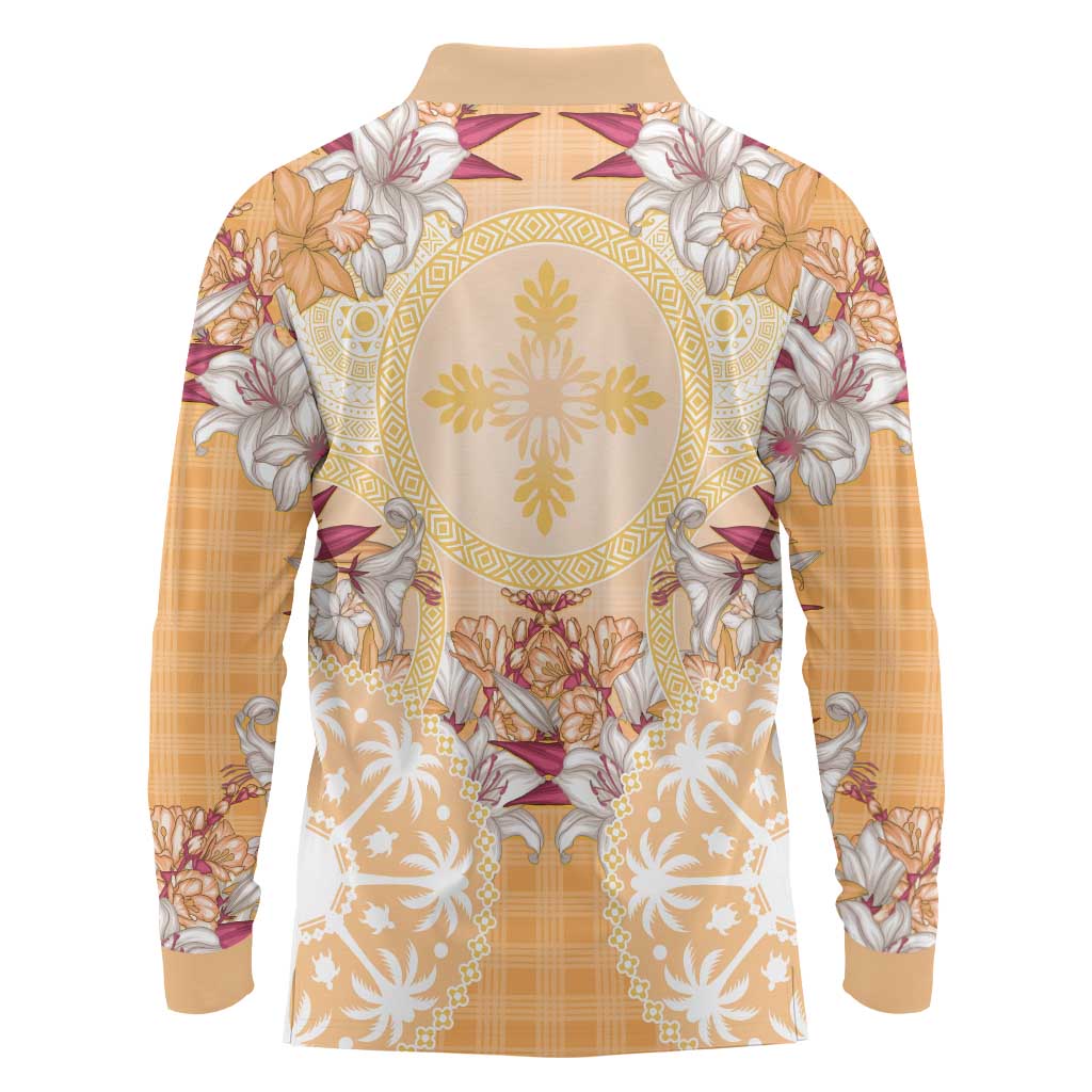 Hawaii Peach Palaka Long Sleeve Polo Shirt With Tapa Pattern Tropical Flowers - Polynesian Pride