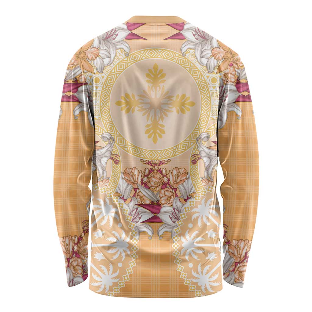Hawaii Peach Palaka Long Sleeve Shirt With Tapa Pattern Tropical Flowers - Polynesian Pride