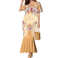 Hawaii Peach Palaka Mermaid Dress With Tapa Pattern Tropical Flowers - Polynesian Pride