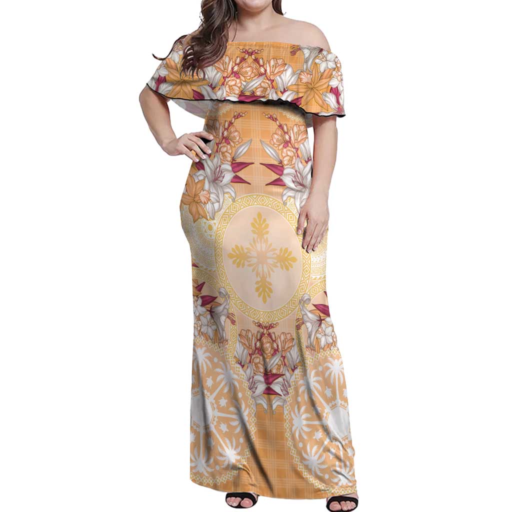 Hawaii Peach Palaka Off Shoulder Maxi Dress With Tapa Pattern Tropical Flowers - Polynesian Pride