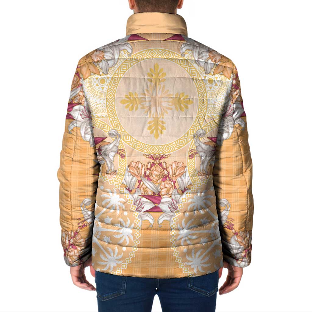 Hawaii Peach Palaka Padded Jacket With Tapa Pattern Tropical Flowers LT05 - Polynesian Pride