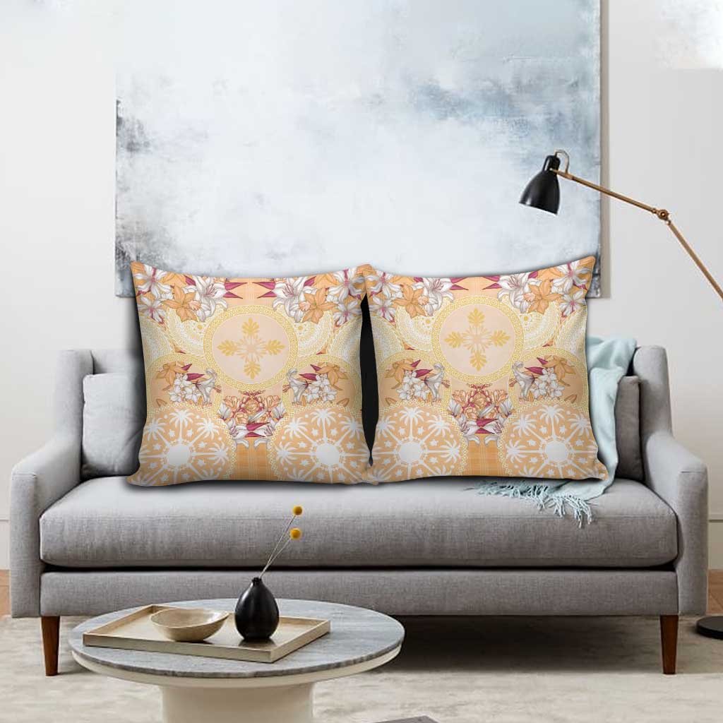 Hawaii Peach Palaka Pillow Cover With Tapa Pattern Tropical Flowers LT05 - Polynesian Pride