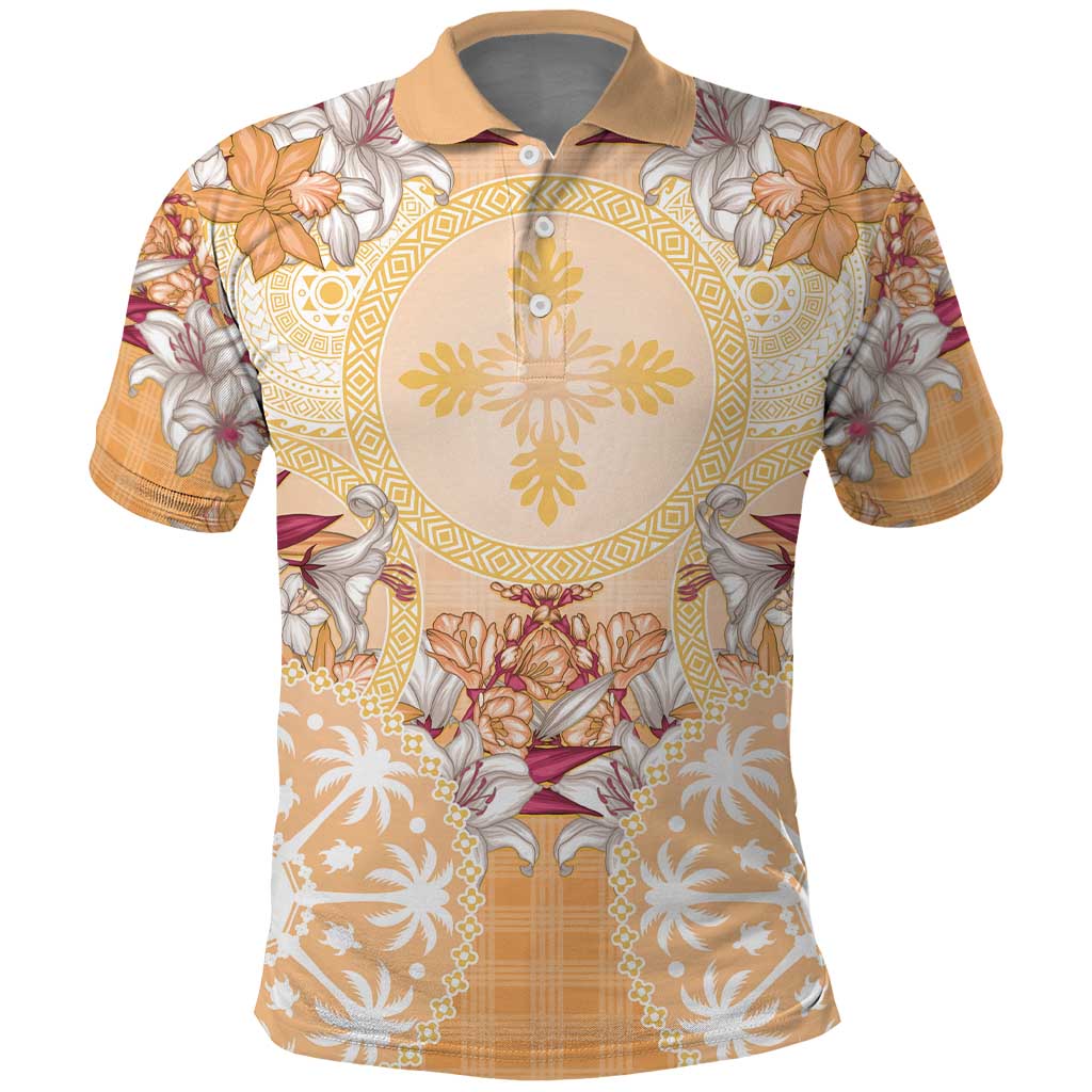 Hawaii Peach Palaka Polo Shirt With Tapa Pattern Tropical Flowers - Polynesian Pride