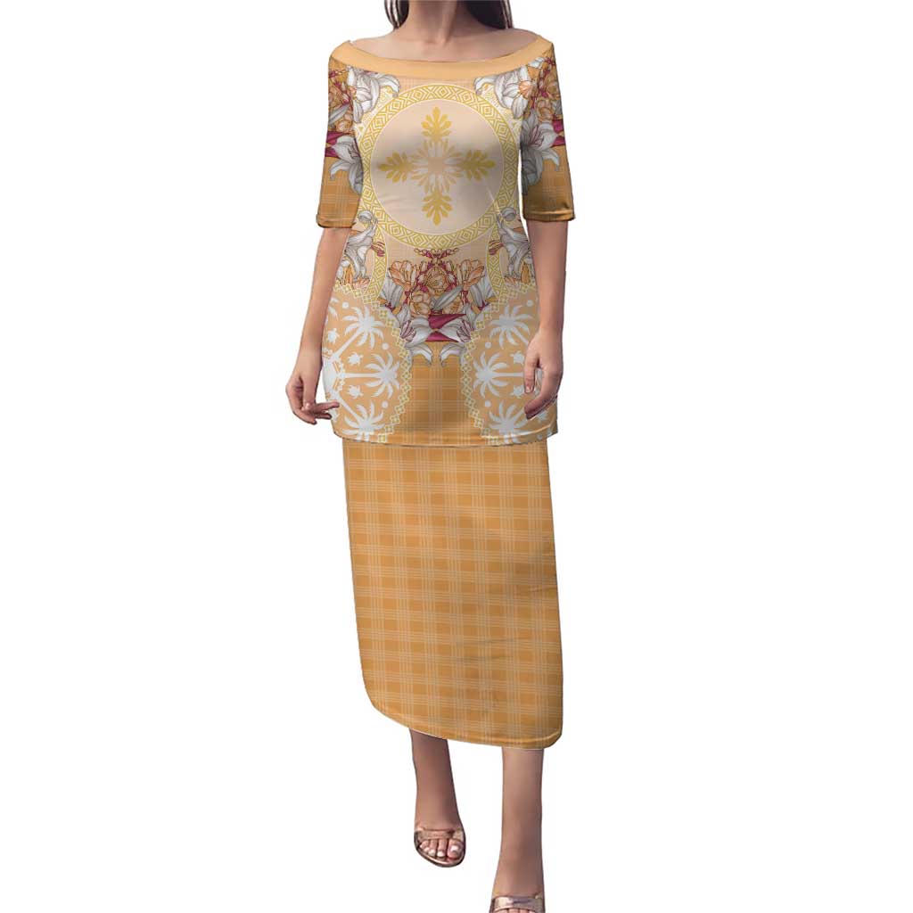 Hawaii Peach Palaka Puletasi With Tapa Pattern Tropical Flowers LT05 Long Dress Peach - Polynesian Pride