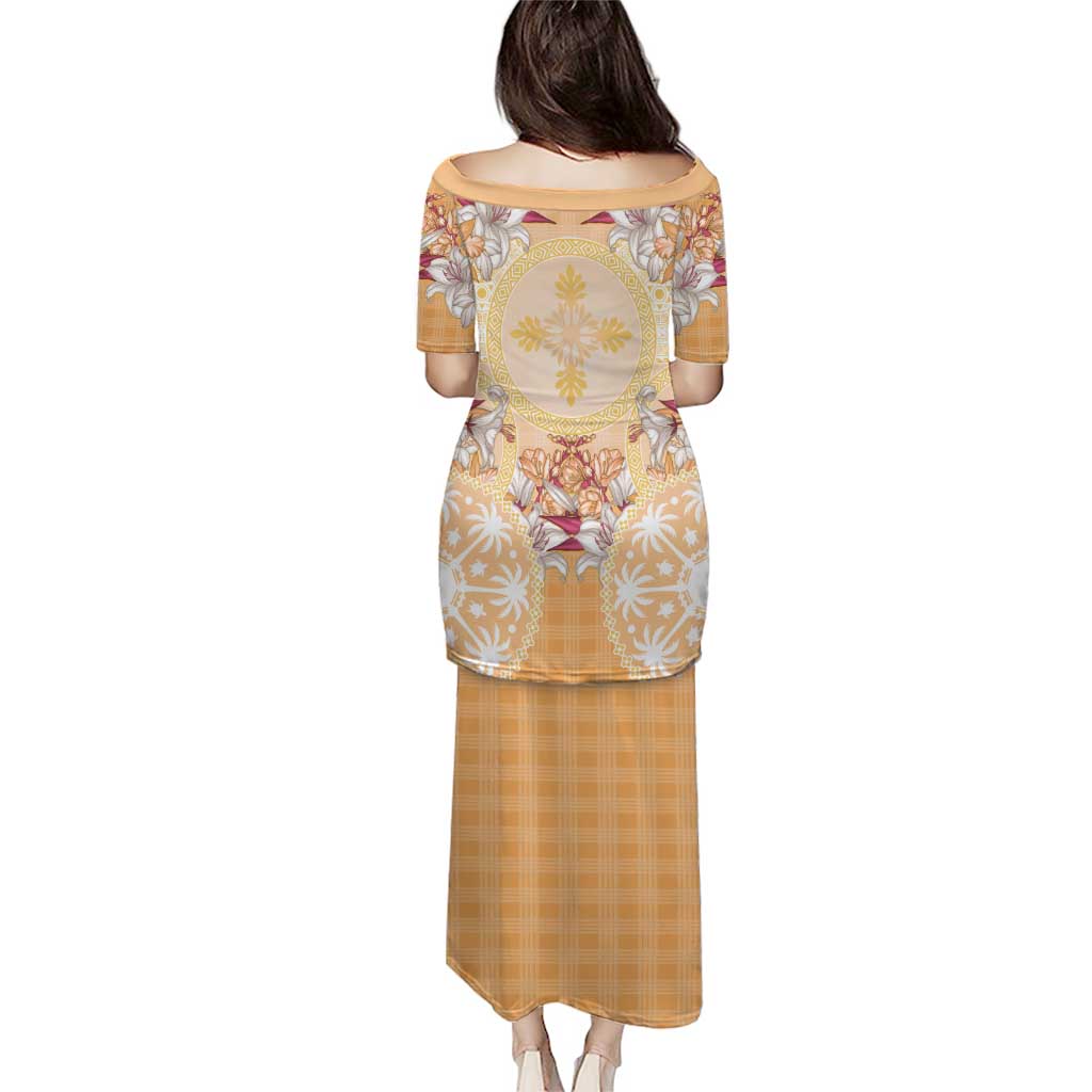 Hawaii Peach Palaka Puletasi With Tapa Pattern Tropical Flowers LT05 - Polynesian Pride